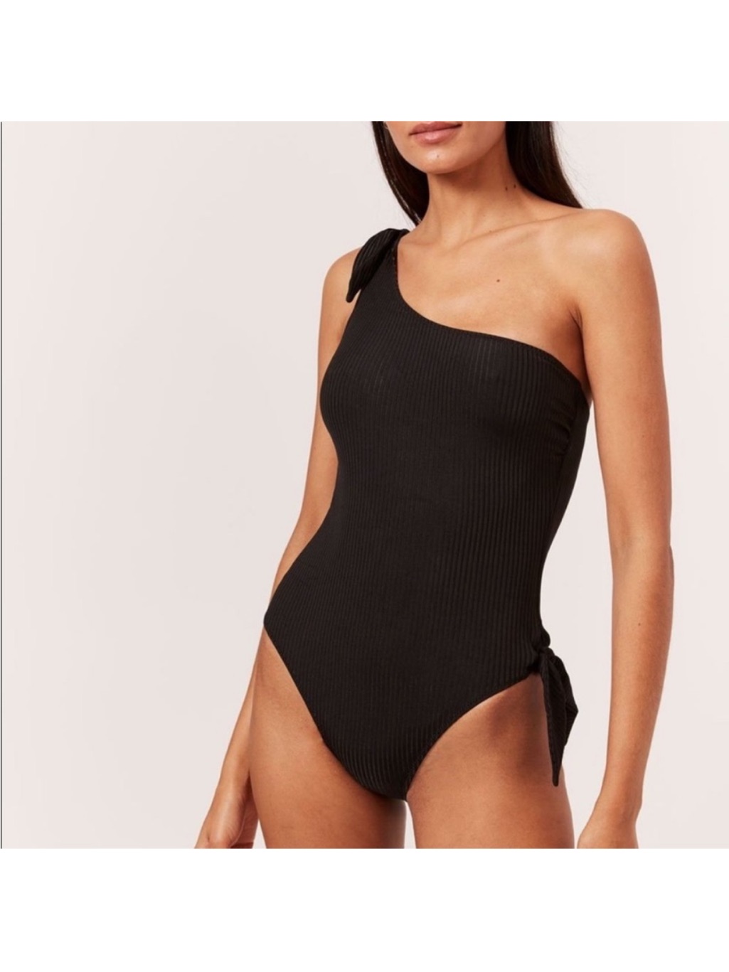 Solid & Striped One-Shoulder Black Ribbed Tie-Side Swimsuit Xs